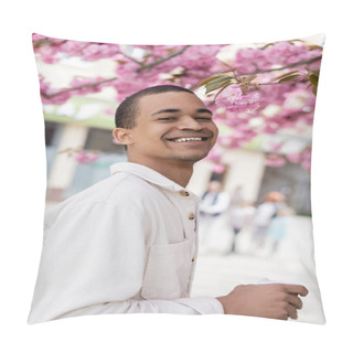 Personality  Positive African American Man Smiling Near Blooming Cherry Tree  Pillow Covers