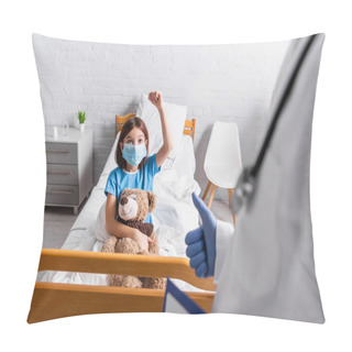 Personality  Sick Girl Showing Win Gesture Near Doctor With Thumb Up On Blurred Foreground Pillow Covers