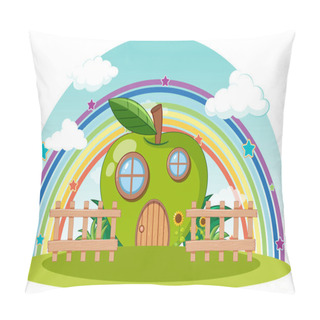 Personality  Green Apple House With Rainbow In The Sky Illustration Pillow Covers
