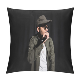 Personality  Middle East Hip Hop Singer In Cap And Sunglasses Singing Into Microphone On Black  Pillow Covers