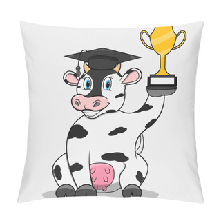 Personality  Character Cow Use Hat Graduate And Bring Trophy, White Colors Background, Mascot, Icon, Character Or Logo, Vector And Illustration. Pillow Covers