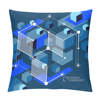 Personality  Isometric Abstract Dark Blue Background With Linear Dimensional Cube Shapes, Vector 3d Mesh Elements. Layout Of Cubes, Hexagons, Squares, Rectangles And Different Abstract Elements.  Pillow Covers