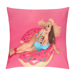 Personality  Sexy Girl In Swimsuit And Sunglasses Resting On Inflatable Ring And Drinking Refreshing Beverage Isolated On Pink Pillow Covers