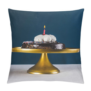 Personality  Red Candle In Chocolate Cake  On Golden Tray And Dark Blue Backg Pillow Covers