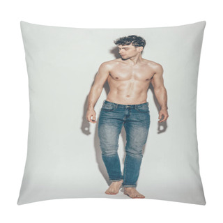 Personality  Sexy Shirtless Muscular Macho In Jeans Posing On Grey Pillow Covers