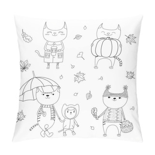 Personality  Hand Drawn Black And White Cute Cats, Vector, Illustration Pillow Covers