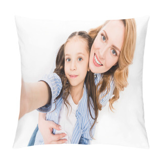 Personality  Camera Point Of View Of Mother And Daughter Taking Selfie Together Isolated On White Pillow Covers
