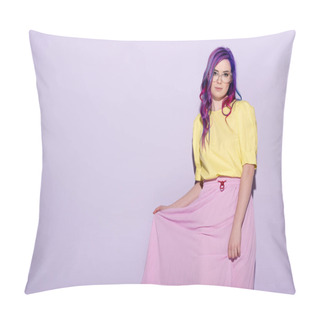 Personality  Stylish Young Woman With Colorful Hair In Skirt On Pink Pillow Covers