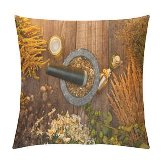 Personality  Top View Of Mortar And Bottles Near Wildflowers And Herbs On Wooden Surface With Copy Space Pillow Covers