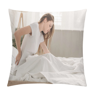Personality  Young Woman Sitting In Bed And Suffering From Loin Pain Pillow Covers