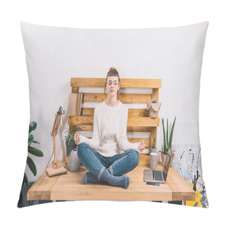 Personality  Girl Sitting In Office In Yoga Pose With Closed Eyes Pillow Covers