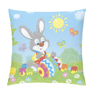 Personality  Little Grey Bunny Coloring A Big Easter Egg On Green Grass Among Flowers On Its Front Lawn Near A Small Hut With Thatched Roof On A Sunny Spring Day, Vector Illustration In A Cartoon Style Pillow Covers