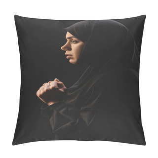 Personality  Side View Of Muslim Refugee In Hijab Looking Away Isolated On Black  Pillow Covers