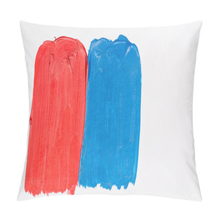 Personality  Top View Of Abstract Colorful Blue And Red Paint Brushstrokes On White Background Pillow Covers