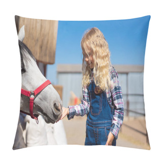 Personality  Side View Of Kid Feeding White Horse At Farm Pillow Covers