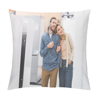 Personality  Smiling Boyfriend And Girlfriend Looking At Fridge In Home Appliance Store  Pillow Covers