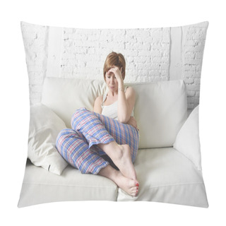 Personality  Young Woman Holding Hurting Belly Suffering Stomach Cramp Period Pain Pillow Covers