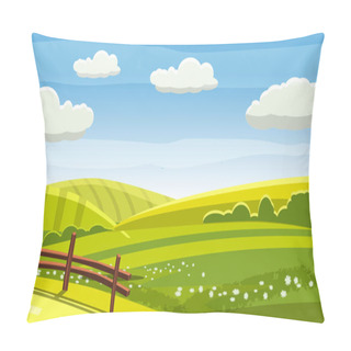 Personality  Felds And Hills Rural Landscape. Cartoon Countryside Valley With Green Hills Trees Flowers Blue Sky And Curly Clouds. Vector Nature Horizon Pasture View Isolated Background Pillow Covers