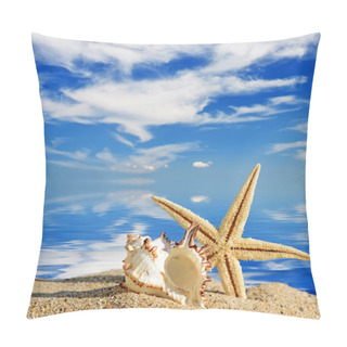 Personality  Beach Background.Seashells And Starfish On A Beach Sand. In The Background Of Sea And Sky Pillow Covers