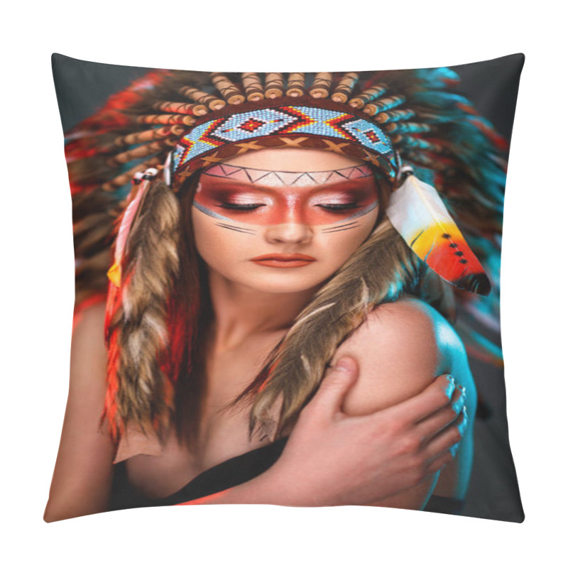 Personality  Young Feminine Indian American Female With Colorful Feather Hat Pillow Covers