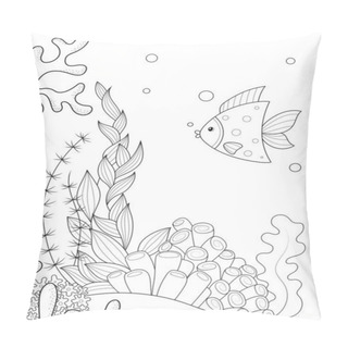 Personality  Seabed With Algae And Fish. Antistress Coloring Book, White Background And Black Lines. Raster Illustration. Pillow Covers