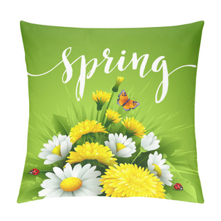 Personality  Fresh Spring Background With Grass, Dandelions And Daisies. Vector Illustration Pillow Covers