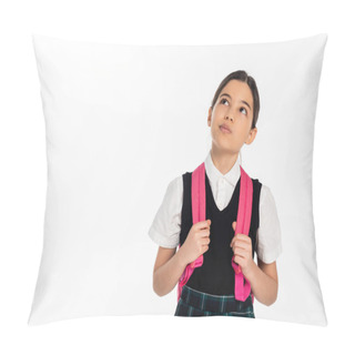 Personality  Pensive Schoolgirl Standing With Backpack And Looking Up While Thinking About Something, White Pillow Covers