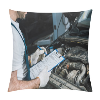 Personality  Cropped View Of Bearded Repairman Holding Pen And Clipboard Near Car Pillow Covers