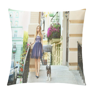 Personality  Young Woman Walking Her Dog Pillow Covers