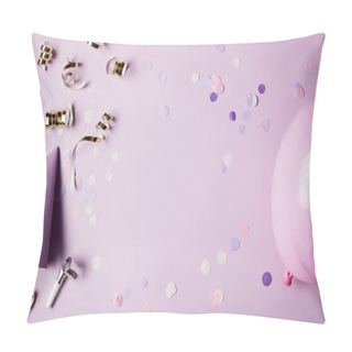 Personality  Top View Of Confetti Pieces, Balloon And Party Hat On Violet Surface Pillow Covers