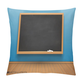 Personality  Room With A Blackboard On The Wall. 3D Board. Realistic Black Board In A Wooden Frame. Empty Room With A Blue Wall And Wooden Floor. Vector Pillow Covers