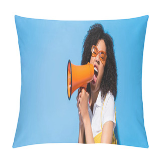 Personality  Excited African American Woman In Eyeglasses Shouting In Loudspeaker On Blue, Banner Pillow Covers