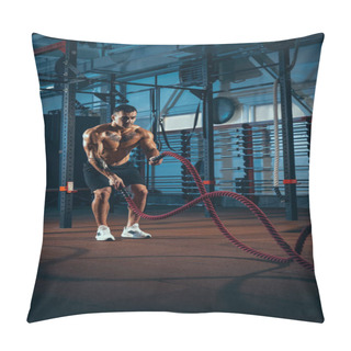 Personality  Front View Of Young Man, Muscled Athlete, Bodybuilder Training Alone At Sport Gym, Indoors. Concept Of Sport, Activity, Healthy Lifestyle Pillow Covers