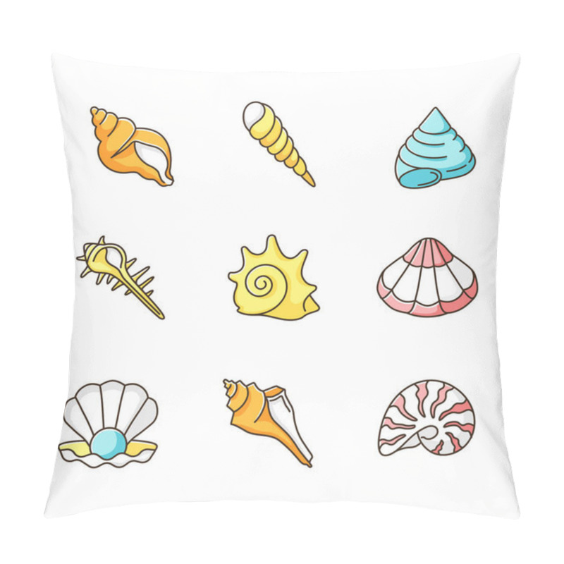 Personality  Sea Shells RGB Color Icons Set. Various Molluscan Shells, Conchology Aquatic Souvenirs, Seashells Collection. Various Cockleshell Isolated Vector Illustrations Pillow Covers