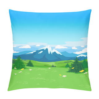 Personality  Summer Landscape With A Flowering Meadow, Hills, Trees, Flowers And Yellow Butterflies Against The Backdrop Of A Mountain With Snow-capped Peaks. Travel And Vacation, Vector Vertical Illustration. Pillow Covers