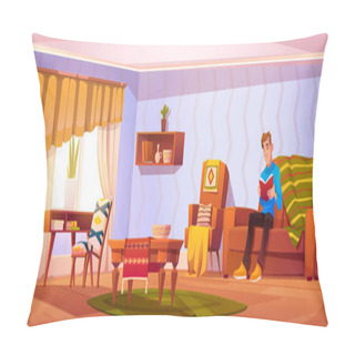 Personality  Man Reading Book Of Sofa In House Living Room Vector Background. Bohemian Livingroom Lounge Interior With Table, Chair, Couch And Carpet Inside Retro Flat With Male Character Graphic Illustration. Pillow Covers