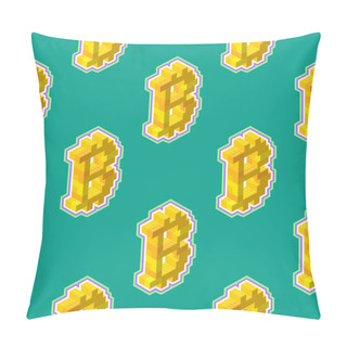 Personality  Bitcoin Sign Consisting Of Yellow Blocks In Isometric View On A Green Background. Seamless Pattern. Vector Illustration. Pillow Covers
