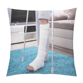 Personality  Man With Broken Leg Using Crutches For Walking On Blue Carpet Pillow Covers