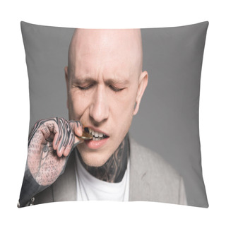 Personality  Close-up View Of Bald Tattooed Man Biting Bitcoin Isolated On Grey Pillow Covers