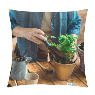 Personality Cropped View Of Senior Man Holding Shovel Near Green Plant  Pillow Covers