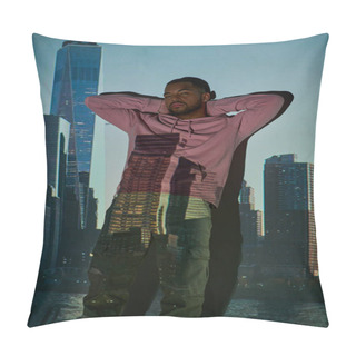 Personality  Handsome African American Man Standing By The Wall With Hands Crossed Behind Head, Fashion Concept Pillow Covers