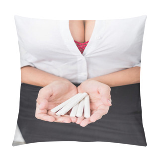 Personality  Cropped Shot Of Woman In Unbuttoned Shirt Holding Chalk Pieces Pillow Covers