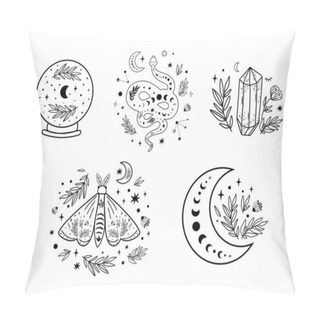 Personality  Celestial Logo Set. Floral Moon Circle Logo Moon Logo. Moon Phase, Floral Crystal, Serpent, Snake, Moth, Butterfly, Crystal Ball, Stars Occult Collection. Celestial Crescent. Vector Illustration. Pillow Covers