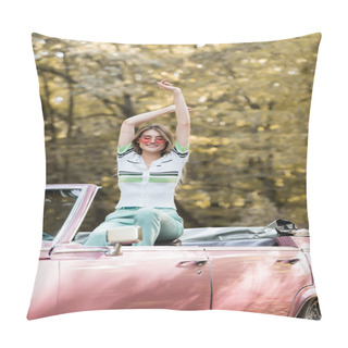 Personality  Joyful Woman In Sunglasses Sitting In Convertible Car With Raised Hands Pillow Covers