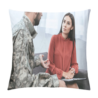 Personality  Depressed Soldier With Ptsd Talking To Psychiatrist At Therapy Session Pillow Covers