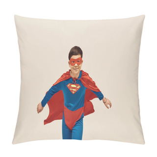 Personality  Happy Asian Boy In Red And Blue Superhero Costume With Cloak And Mask On Face Smiling While Celebrating International Day For Protection Of Children On Grey Background  Pillow Covers