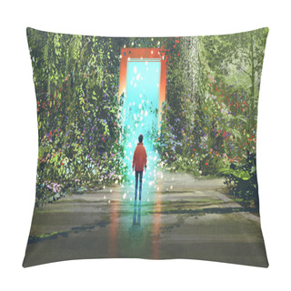 Personality  Fantasy Scenery Showing The Boy Standing In Front Of The Magic Gate With Glowing Blue Light In Beautiful Forest, Digital Art Style, Illustration Painting Pillow Covers