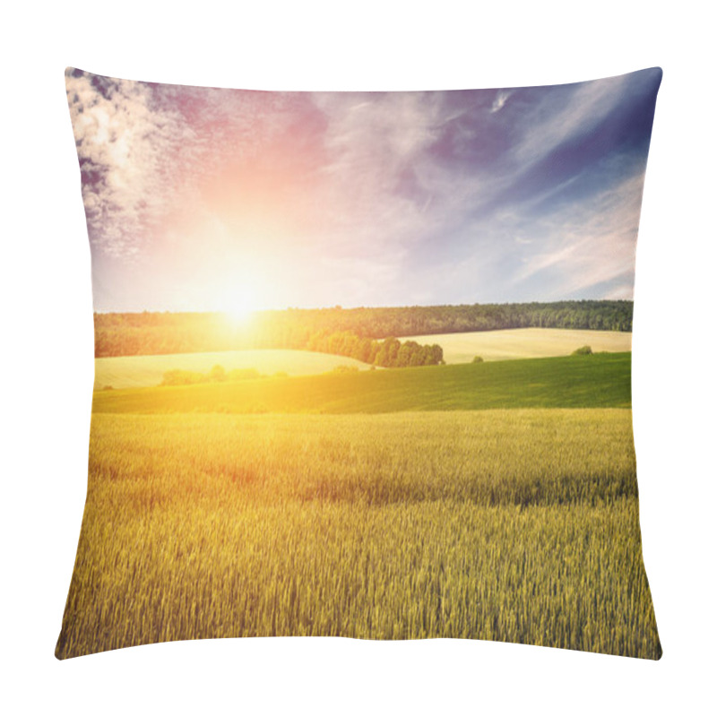 Personality  Wheat Field, Blue Sky And Dawn In Retro Style. Pillow Covers