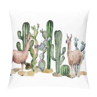 Personality  Watercolor Card With Llama And Cacti. Hand Painted Beautiful Illustration With Animals And Floral On White Background. For Design, Print, Fabric Or Background. Pillow Covers