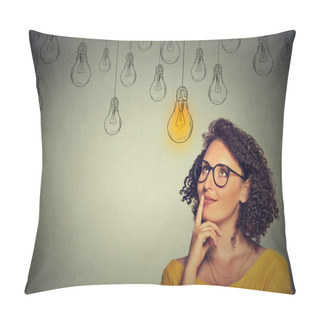 Personality  Thinking Woman In Glasses Looking Up With Light Idea Bulb Above Head Pillow Covers